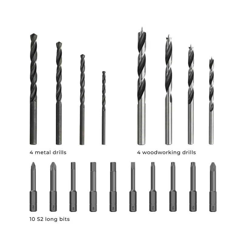 HOTO Cordless Brushless Electric Drill | 30 N·m Torque, 1400 RPM, USB-C Rechargeable, 18-Piece Bit Set – Home DIY, Wood & Metal Drilling Kit (HTE0011GL / QWLDZ001) - Image 3
