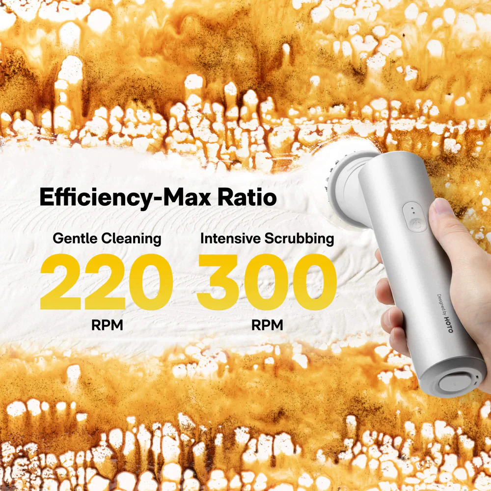 HOTO Electric Kitchen Spin Scrubber, 9-in-1 Power Cleaning Brush Set, 300 RPM High-Torque Motor, IPX7 Waterproof, 4000mAh Rechargeable Battery, Multi-Surface Cleaner for Kitchen Sink, Tiles, Stovetops & Bathroom (HFE0029GL / QWQJS001) - Image 4