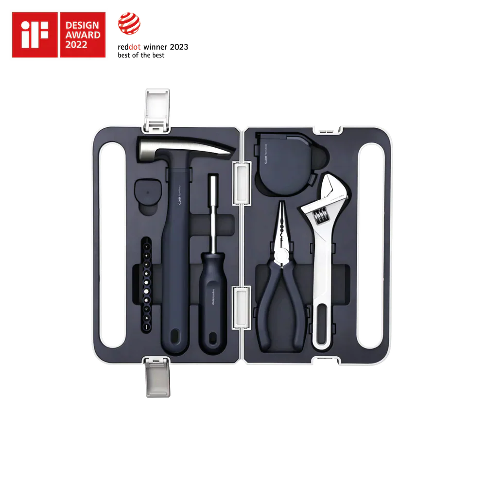 HOTO Manual Tool Set | 6-Piece Hand Tool Kit with Hammer, Adjustable Wrench, Needle-nose Pliers, Screwdriver with 10 Bits & Self-Lock Tape Measure – Compact DIY Home Repair Toolbox(HTT0018GL / QWSGJ002)